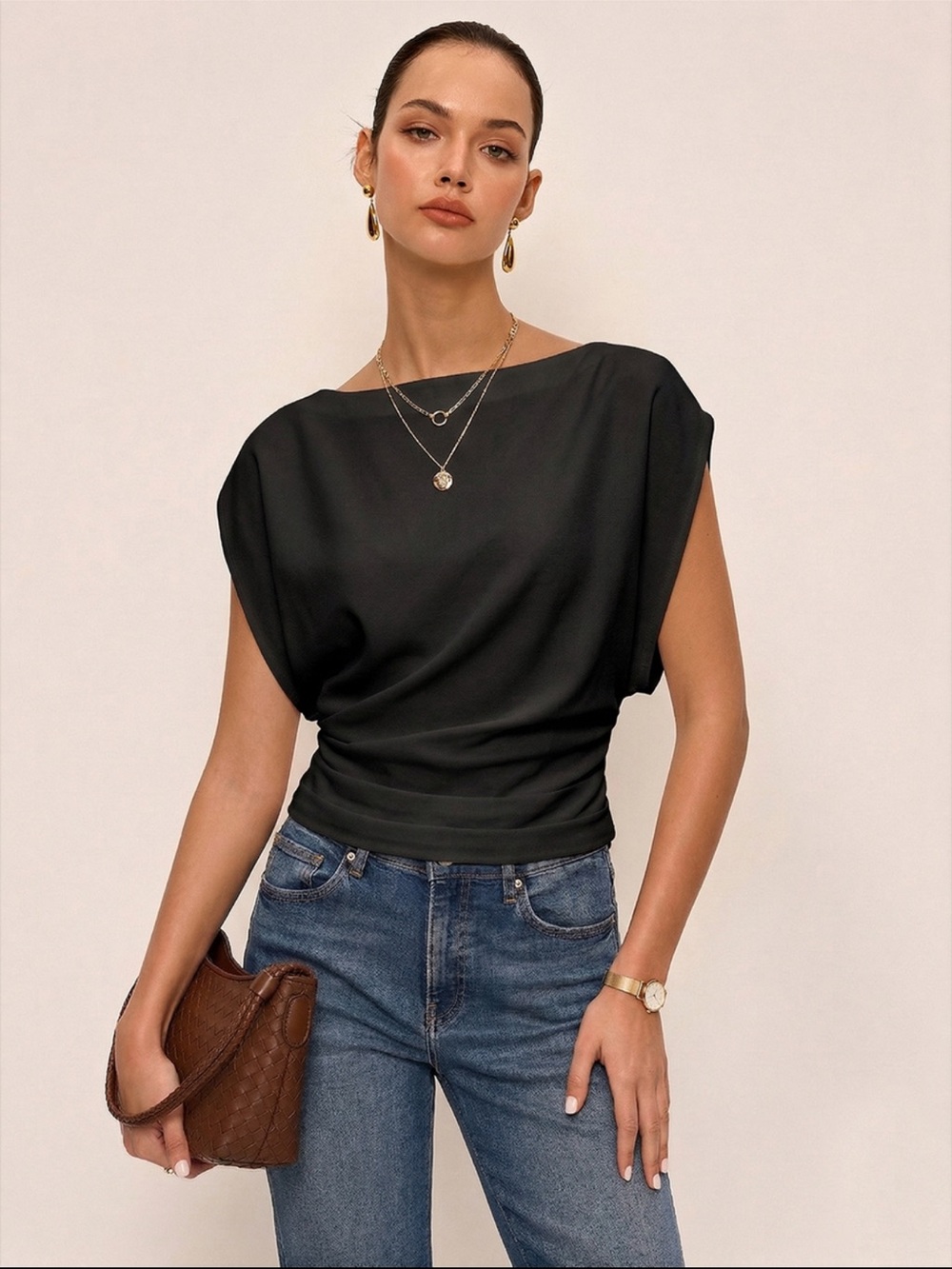 Commense Black Draped Boatneck Top